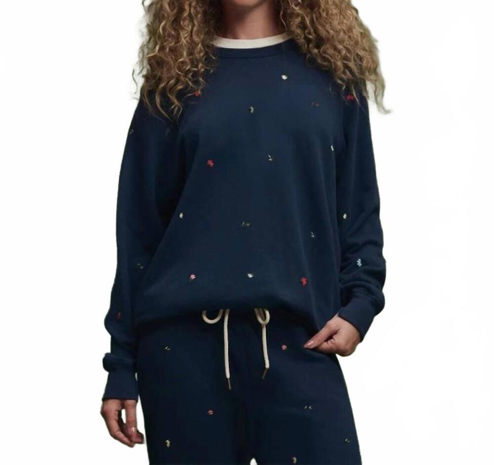 NEW THE GREAT. college sweatshirt with tossed floral embroidery in navy